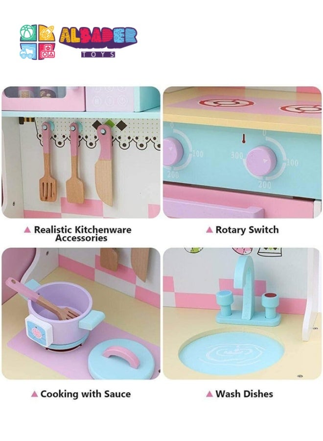 AL BADER Wooden Kitchen Toy With Oven And Cook Food Toys Set And Ice Maker, Large wooden kitchen with Storage places, Interactive Brand Play Kitchen for Girls & Boy 3-10 Years (Colorful, 89*29*101) - Image 5